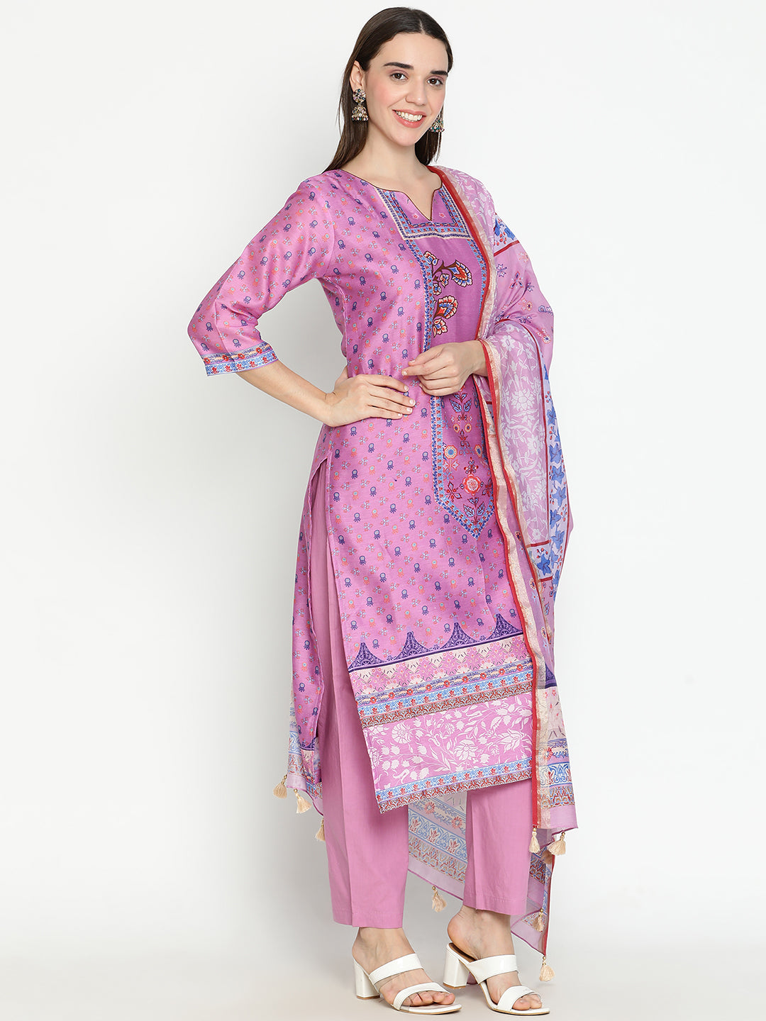 Shingora Mauve Floral Printed Notch Neck Stitched Suit Set