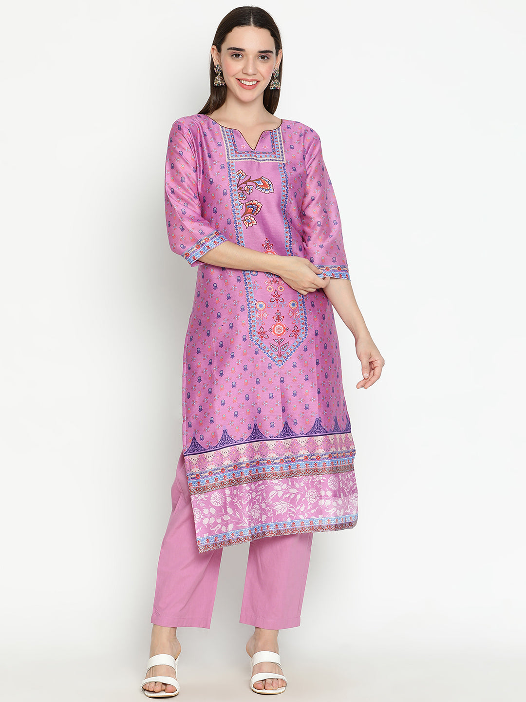 Shingora Mauve Floral Printed Notch Neck Stitched Suit Set