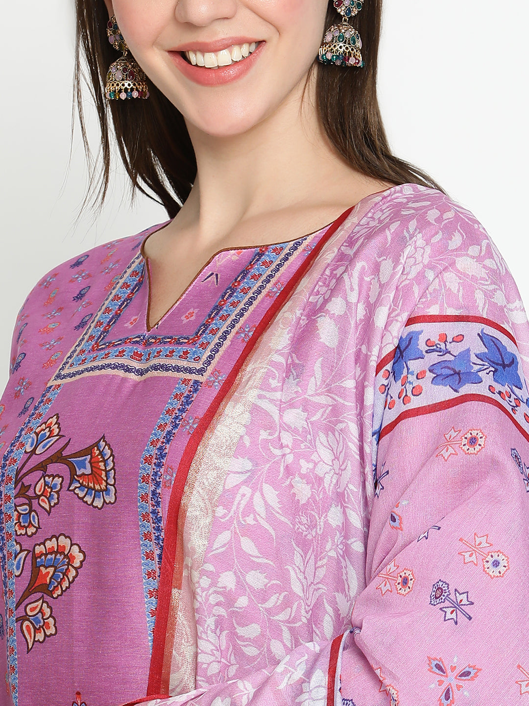 Shingora Mauve Floral Printed Notch Neck Stitched Suit Set