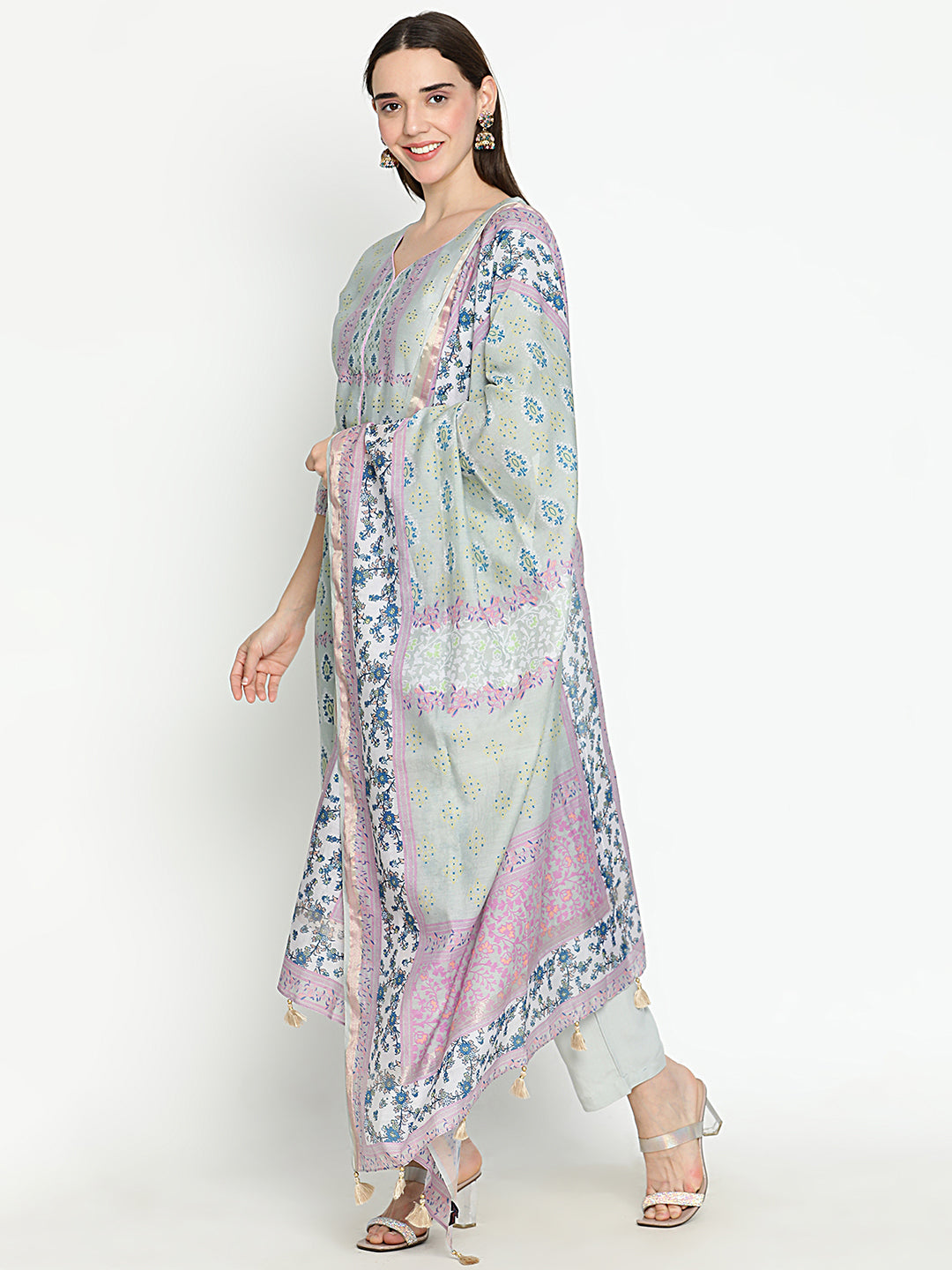 Shingora Grey Floral Printed Sweetheart Neck Stitched Suit Set