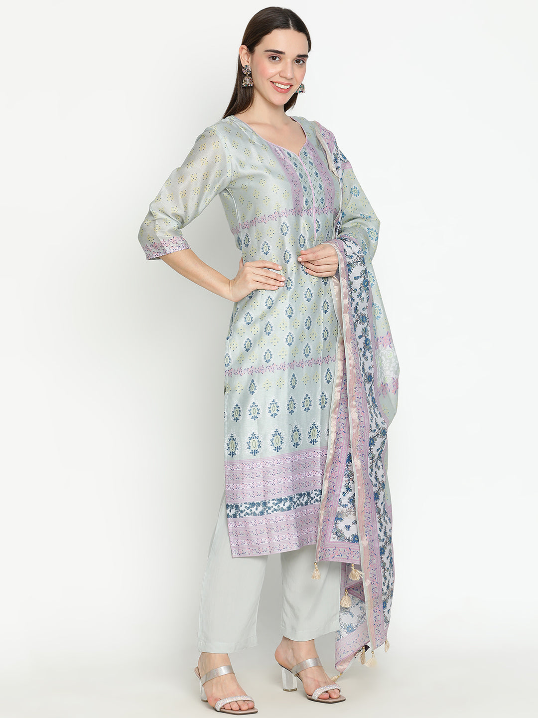 Shingora Grey Floral Printed Sweetheart Neck Stitched Suit Set