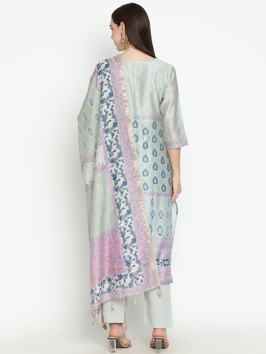 Shingora Grey Floral Printed Sweetheart Neck Stitched Suit Set