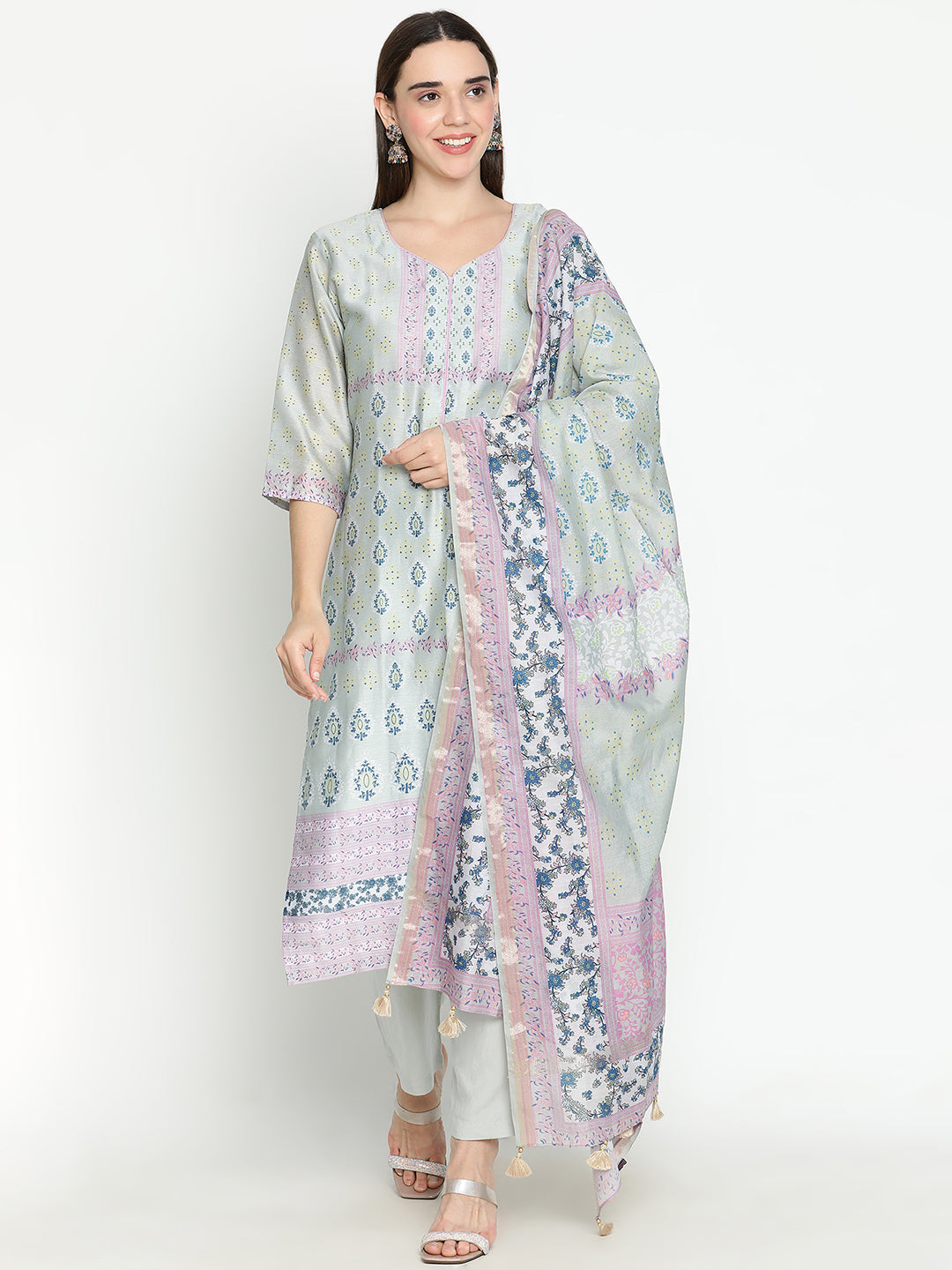 Shingora Grey Floral Printed Sweetheart Neck Stitched Suit Set