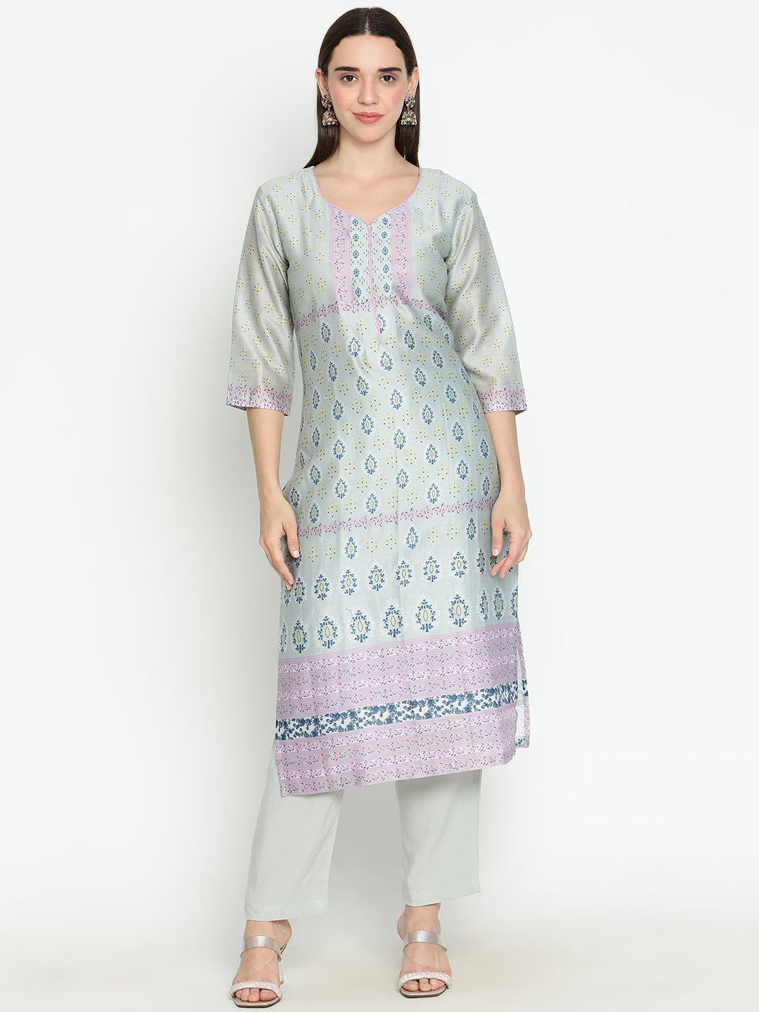 Shingora Grey Floral Printed Sweetheart Neck Stitched Suit Set