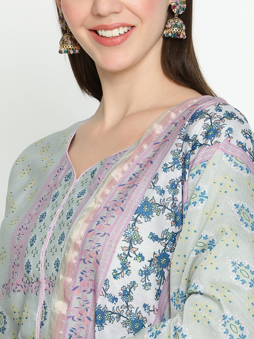 Shingora Grey Floral Printed Sweetheart Neck Stitched Suit Set