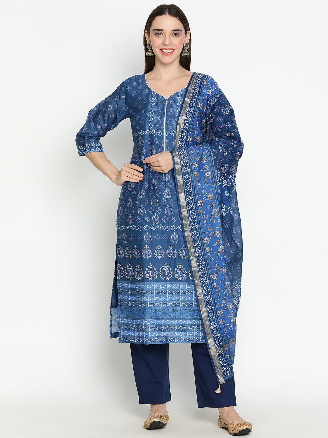 Shingora Navy Blue Floral Printed Sweetheart Neck Stitched Suit Set