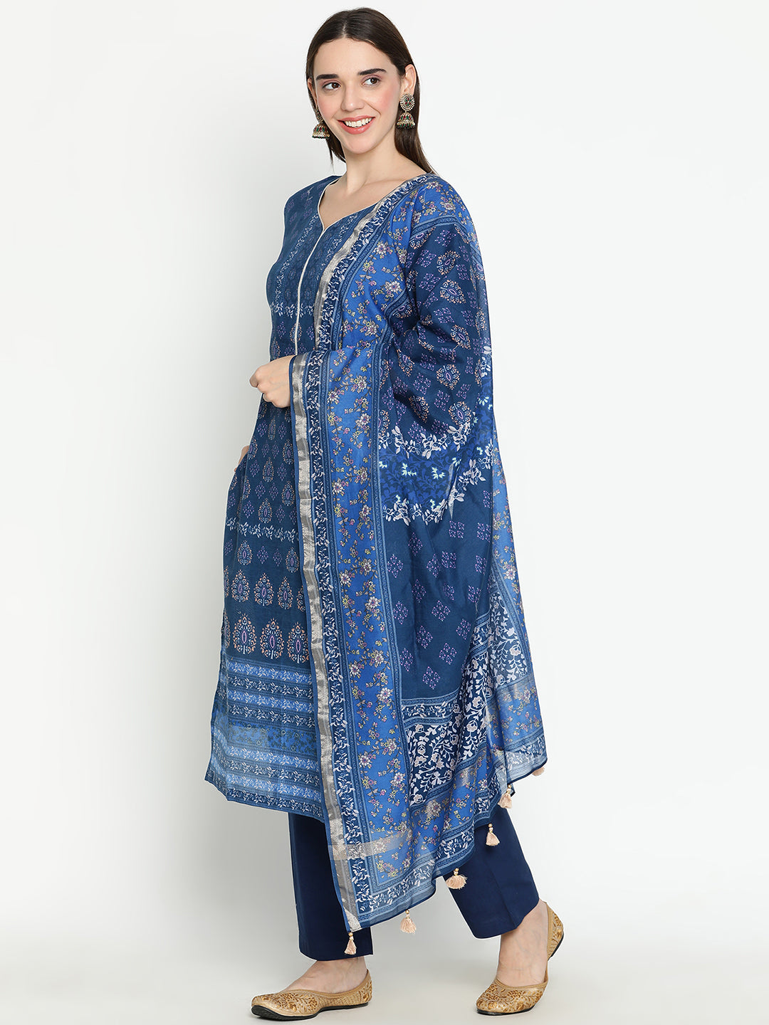 Shingora Navy Blue Floral Printed Sweetheart Neck Stitched Suit Set