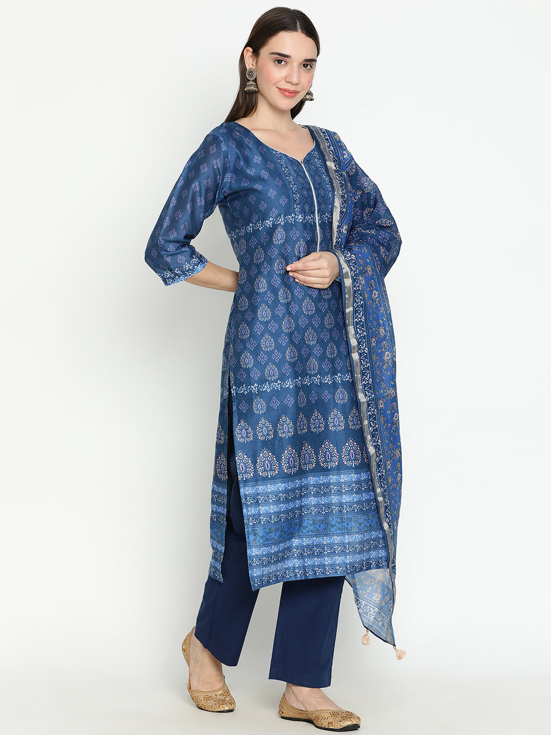 Shingora Navy Blue Floral Printed Sweetheart Neck Stitched Suit Set