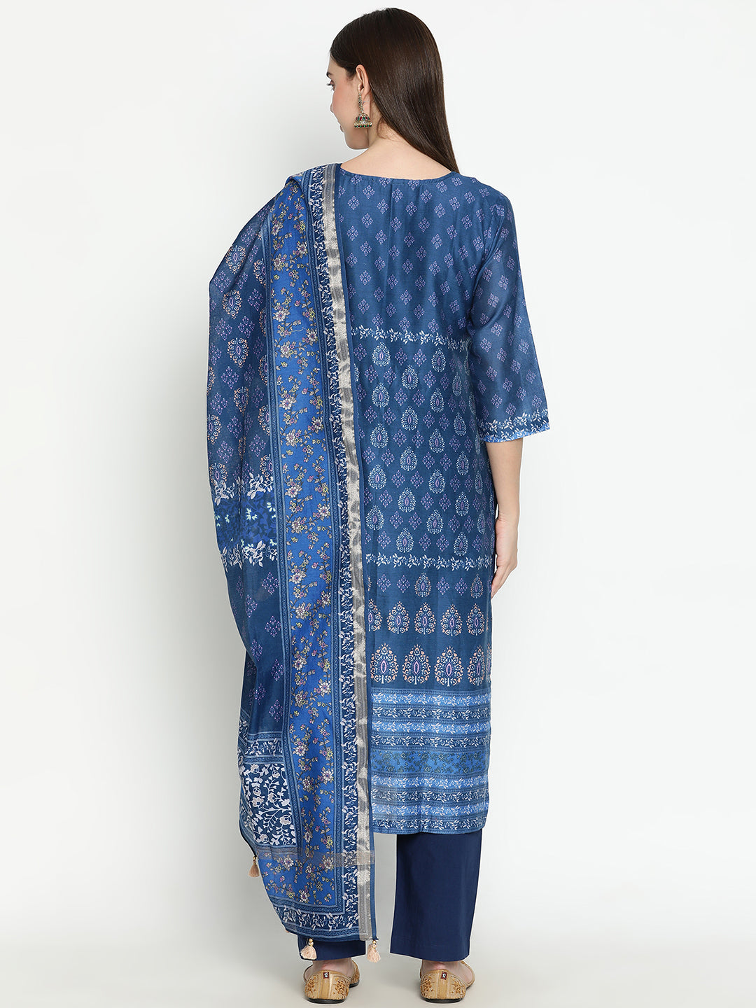 Shingora Navy Blue Floral Printed Sweetheart Neck Stitched Suit Set