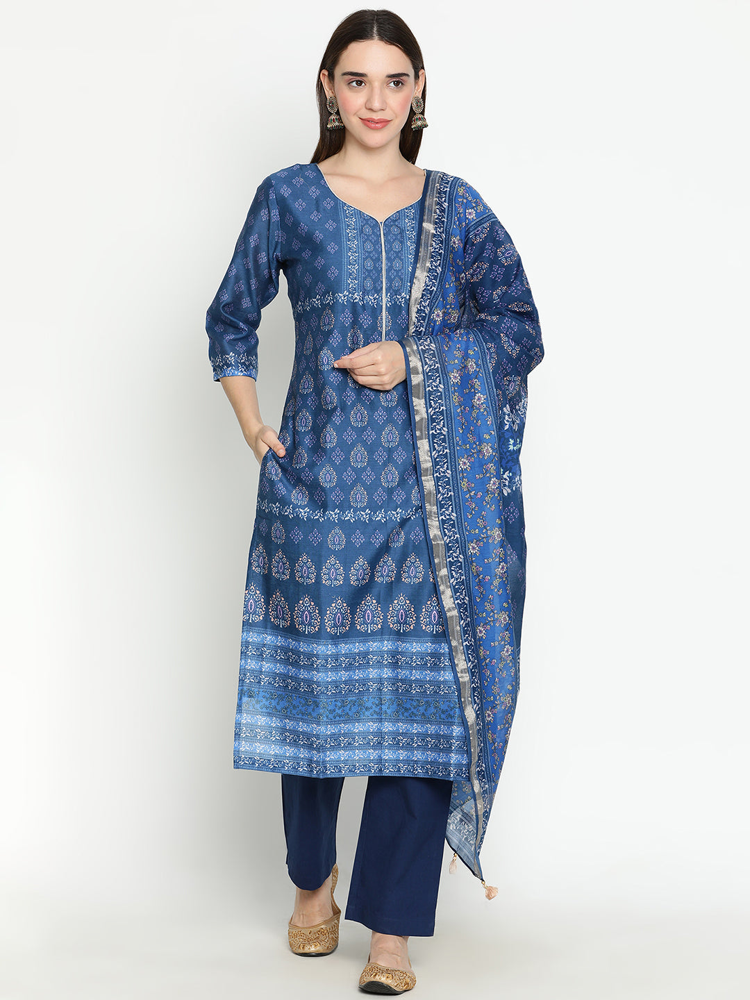 Shingora Navy Blue Floral Printed Sweetheart Neck Stitched Suit Set