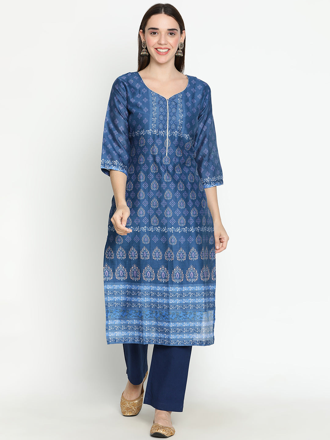 Shingora Navy Blue Floral Printed Sweetheart Neck Stitched Suit Set