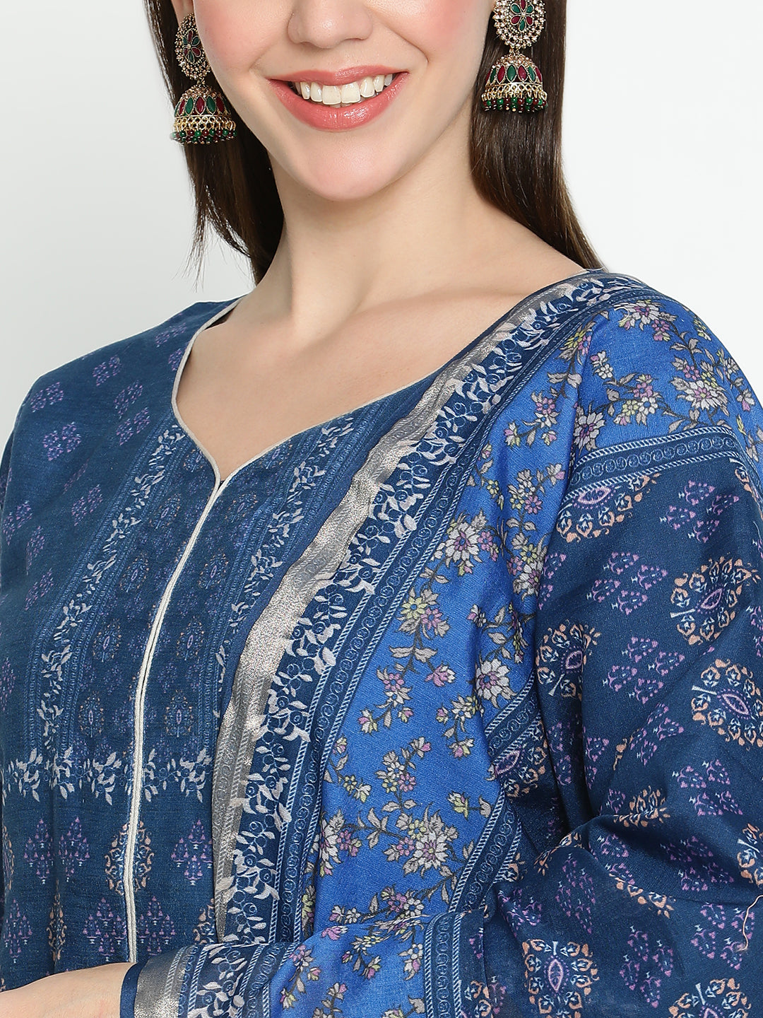 Shingora Navy Blue Floral Printed Sweetheart Neck Stitched Suit Set