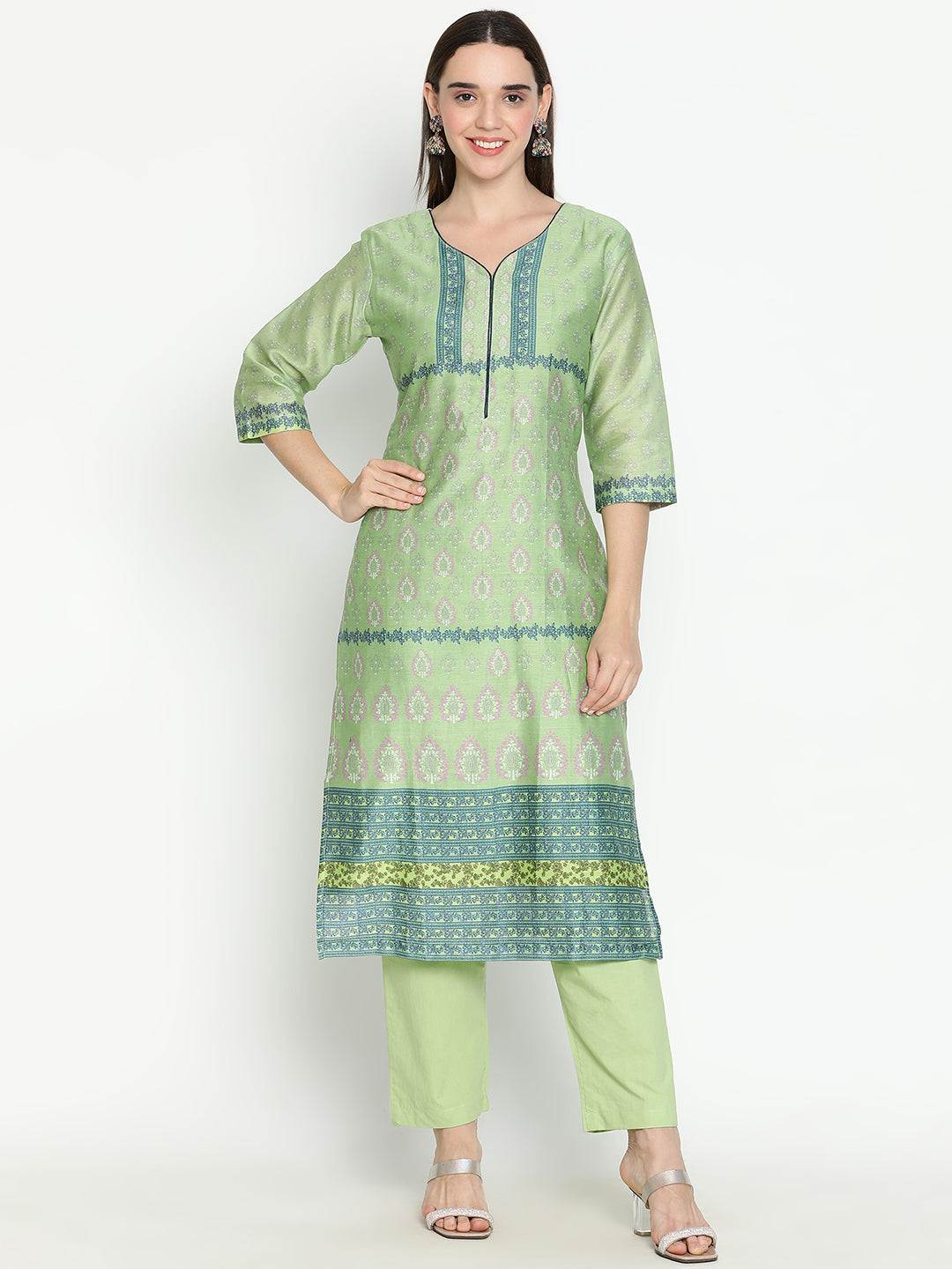 Shingora Green Floral Printed Sweetheart Neck Stitched Suit Set