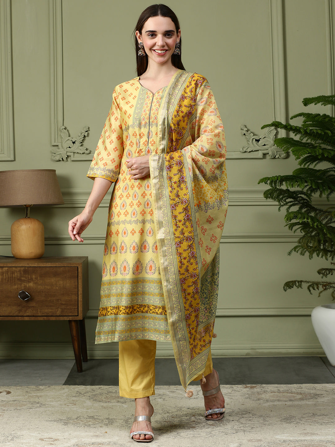 Shingora Yellow Floral Printed Sweetheart Neck Stitched Suit Set