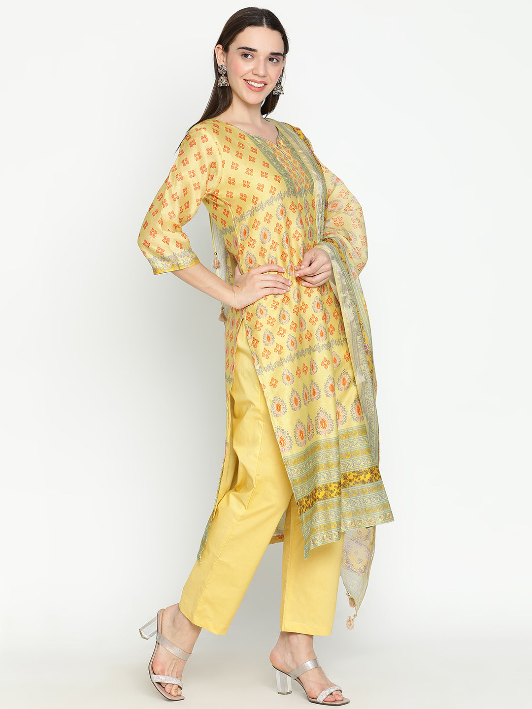 Shingora Yellow Floral Printed Sweetheart Neck Stitched Suit Set