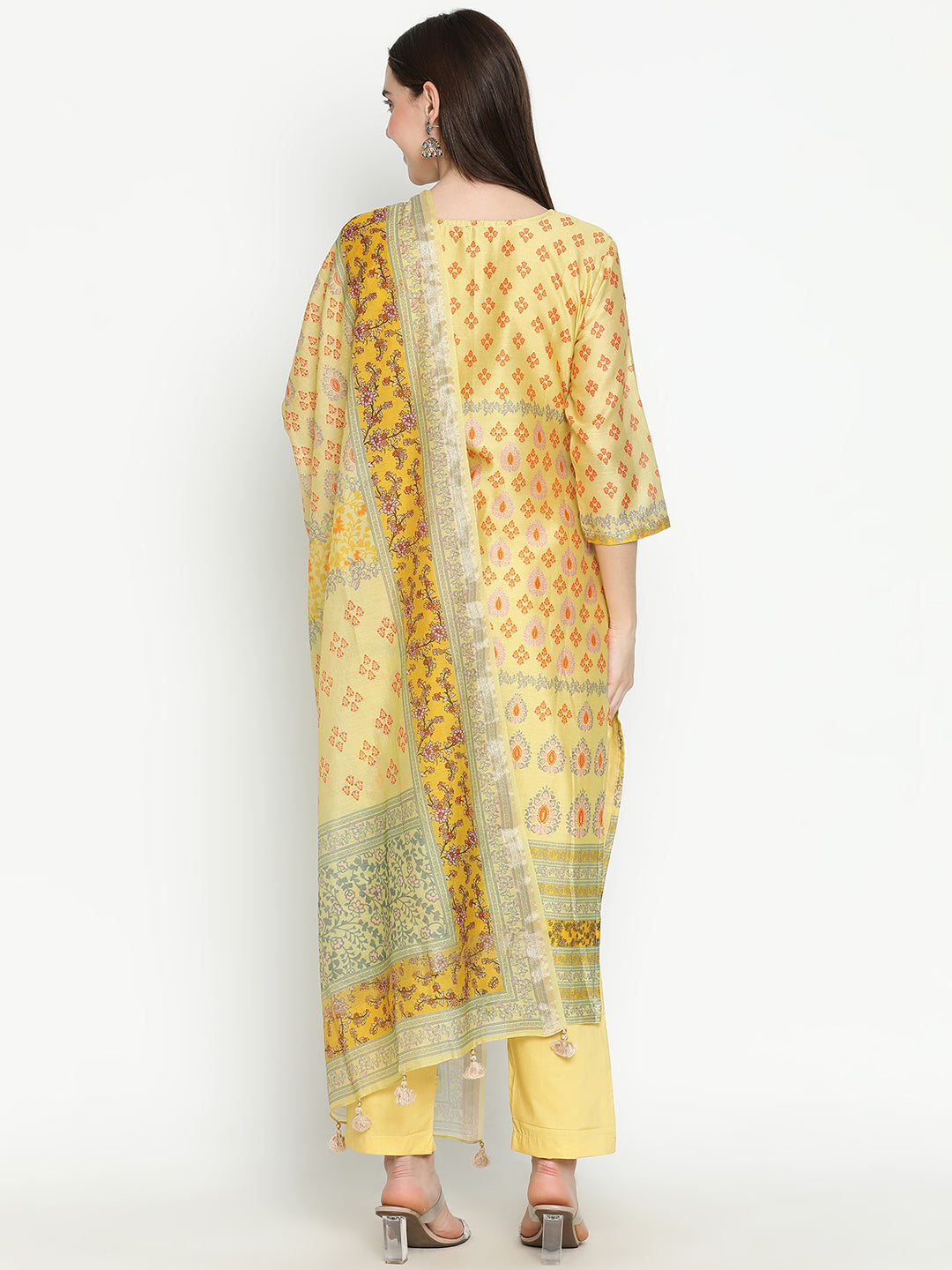 Shingora Yellow Floral Printed Sweetheart Neck Stitched Suit Set