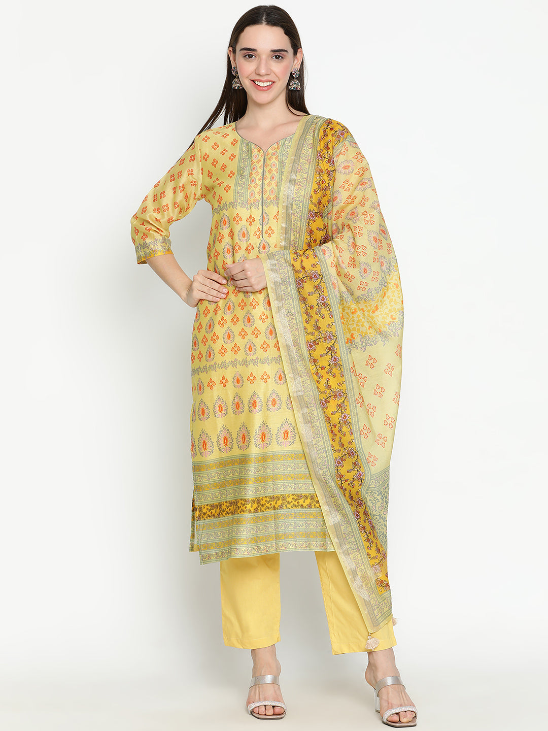 Shingora Yellow Floral Printed Sweetheart Neck Stitched Suit Set