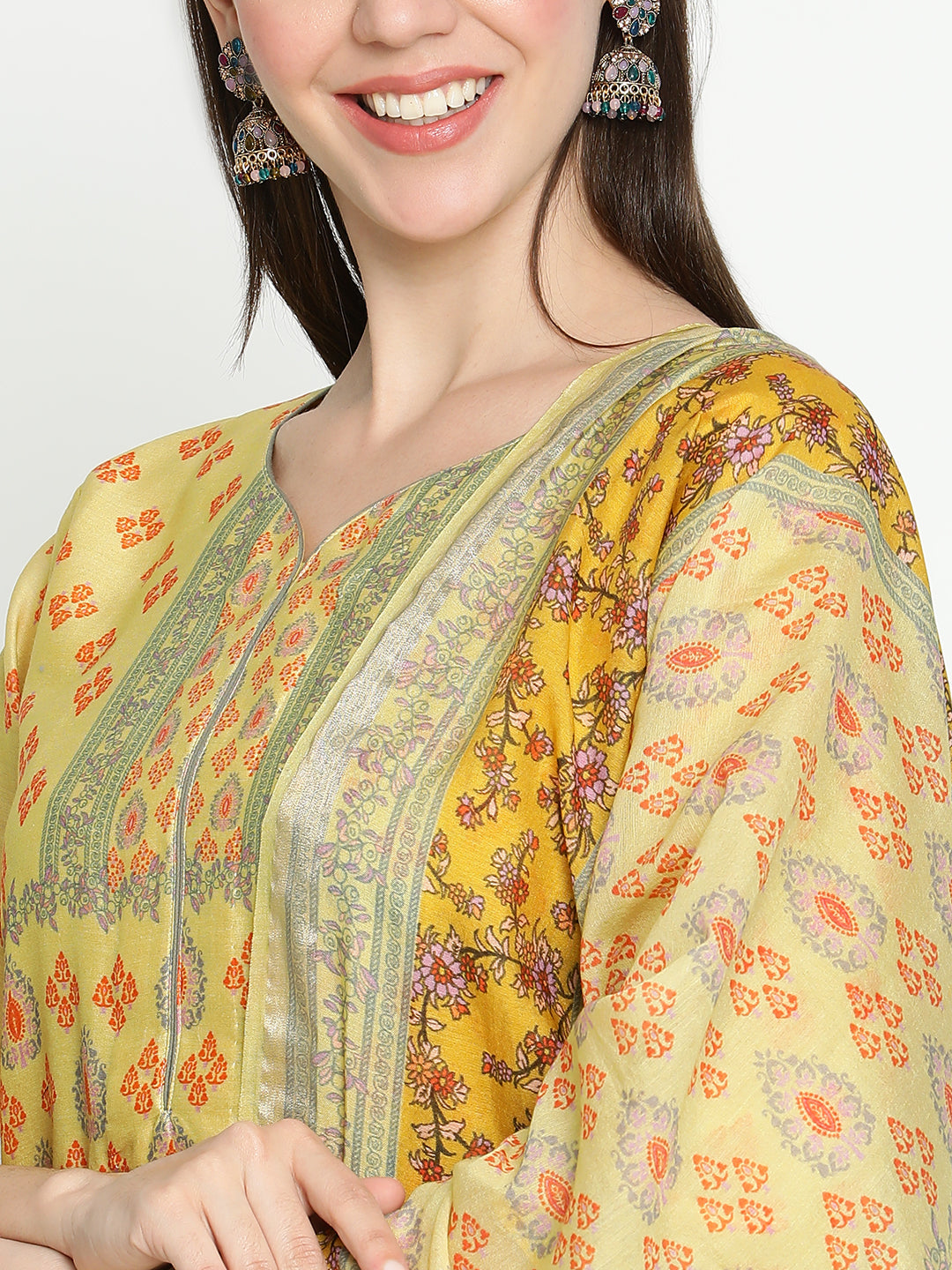 Shingora Yellow Floral Printed Sweetheart Neck Stitched Suit Set