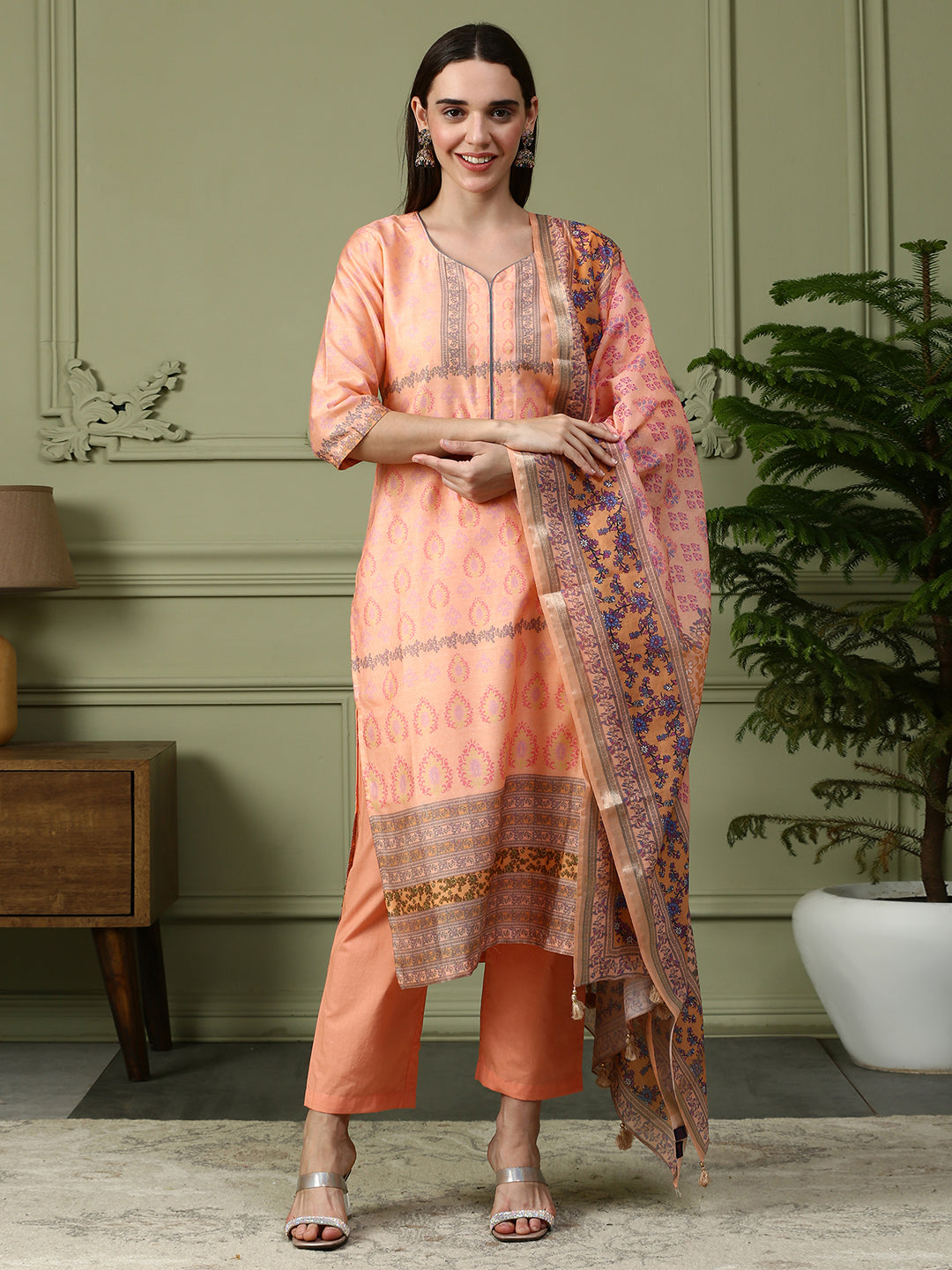 Shingora Peach Floral Printed Sweetheart Neck Stitched Suit Set