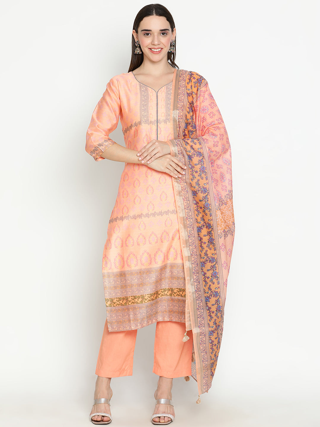 Shingora Peach Floral Printed Sweetheart Neck Stitched Suit Set