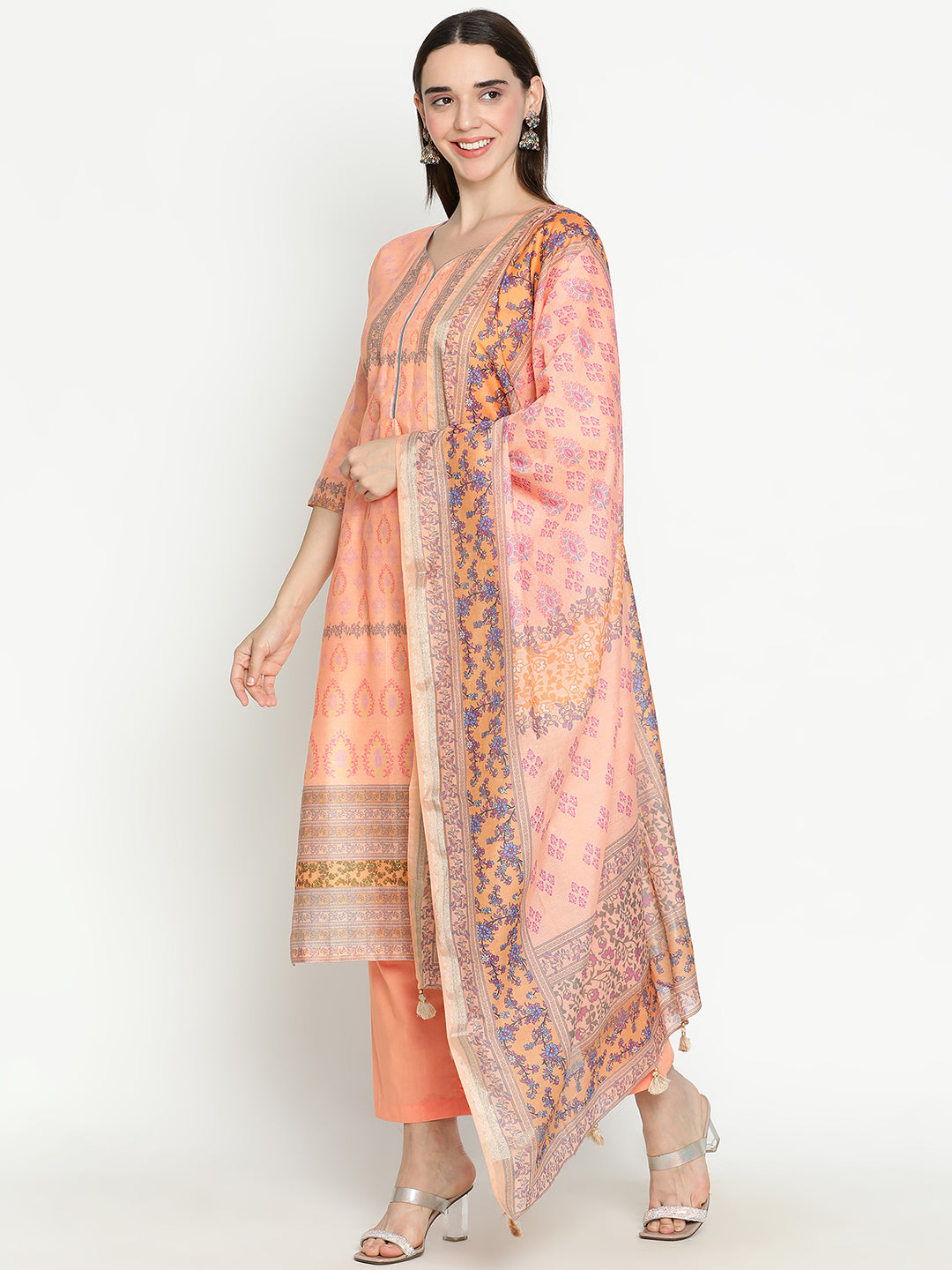 Shingora Peach Floral Printed Sweetheart Neck Stitched Suit Set