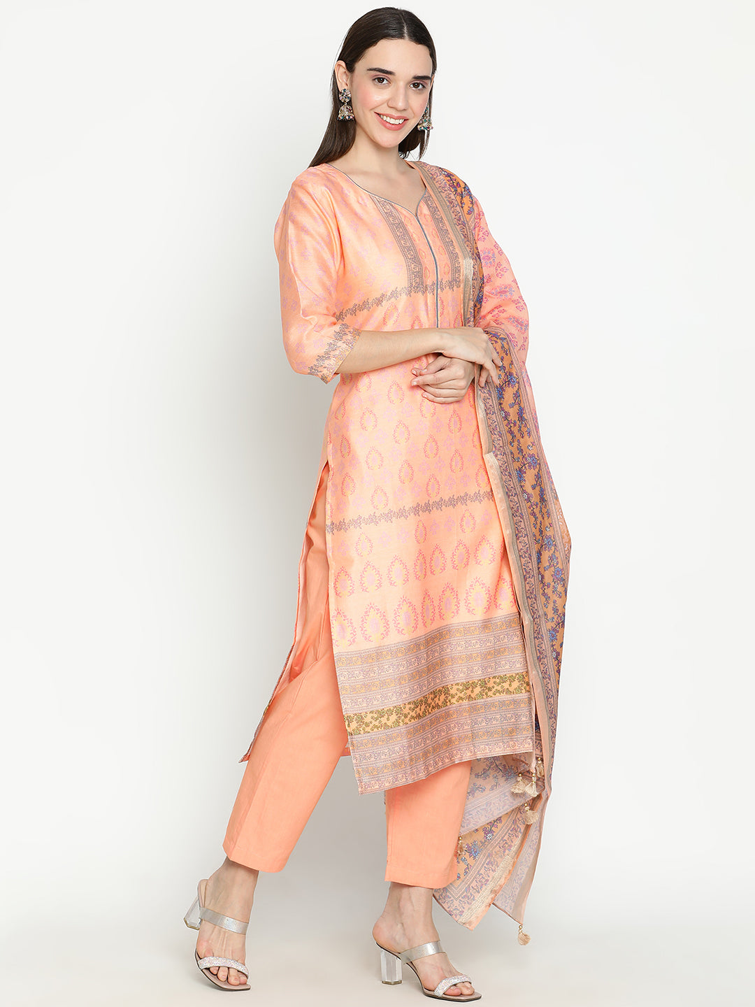 Shingora Peach Floral Printed Sweetheart Neck Stitched Suit Set