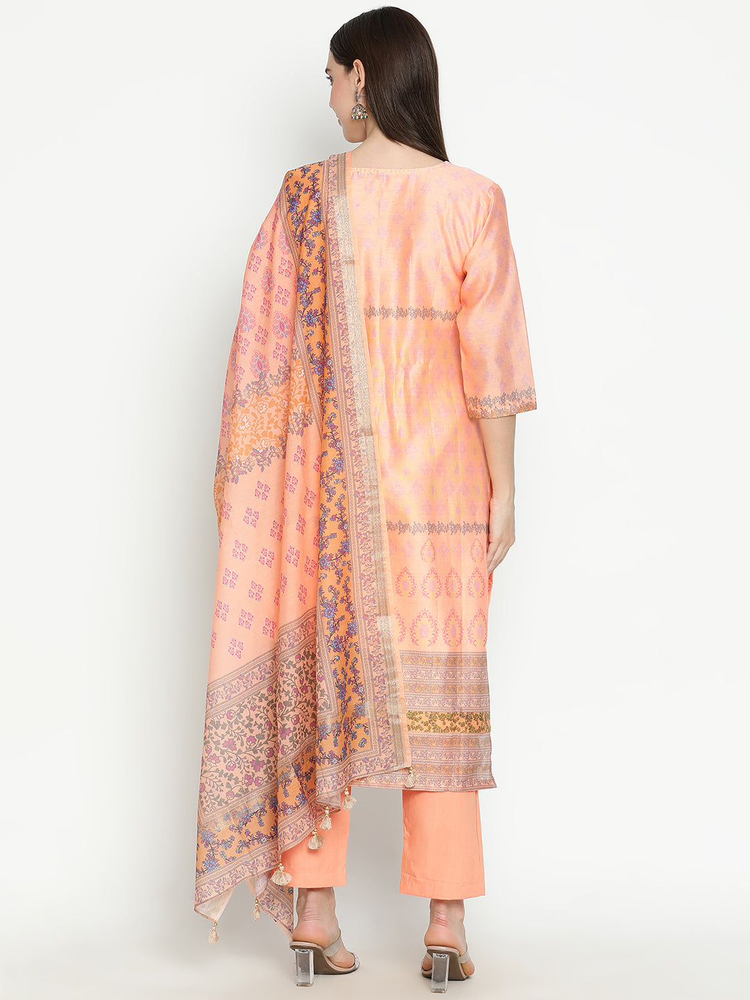 Shingora Peach Floral Printed Sweetheart Neck Stitched Suit Set