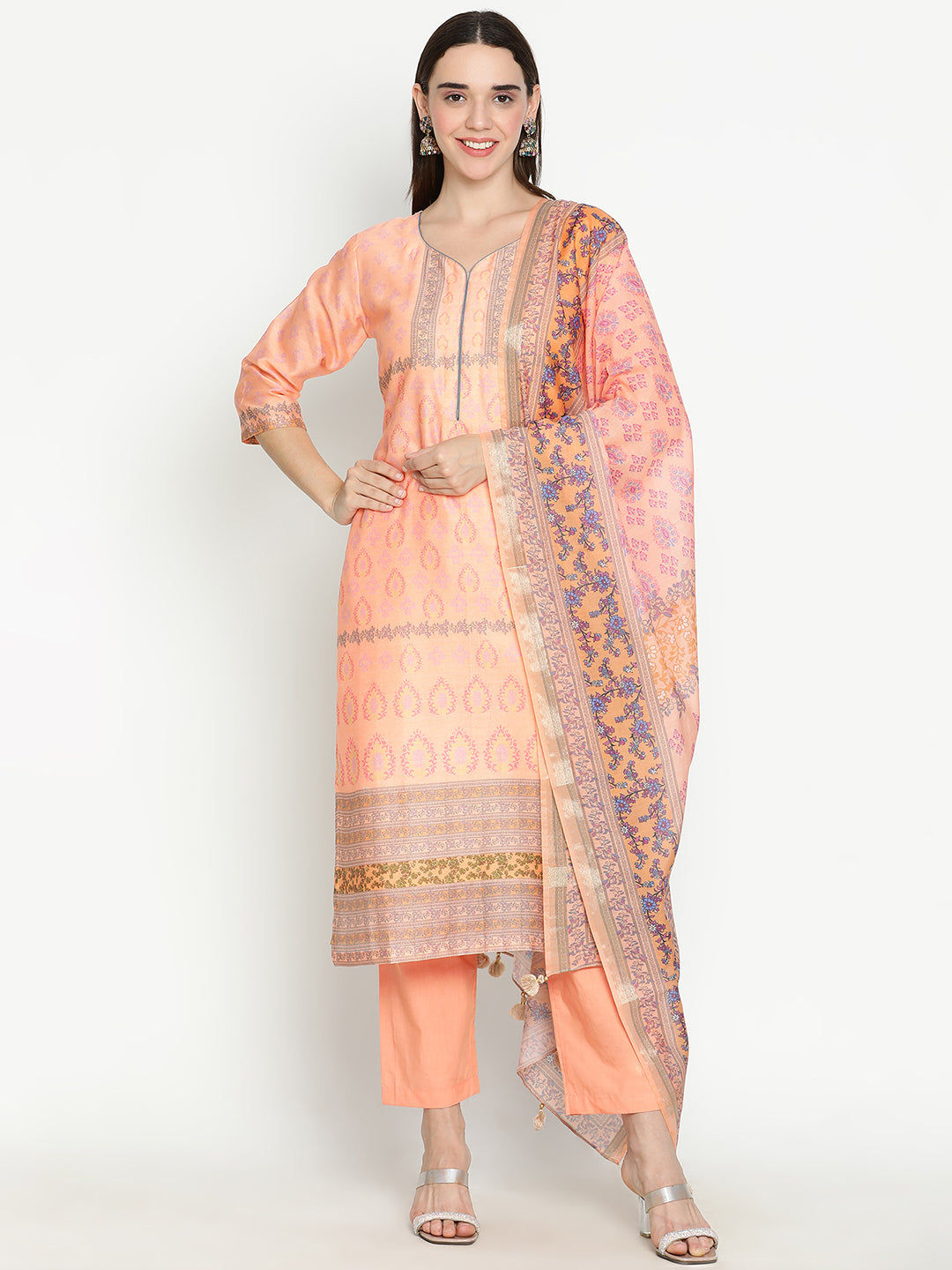 Shingora Peach Floral Printed Sweetheart Neck Stitched Suit Set