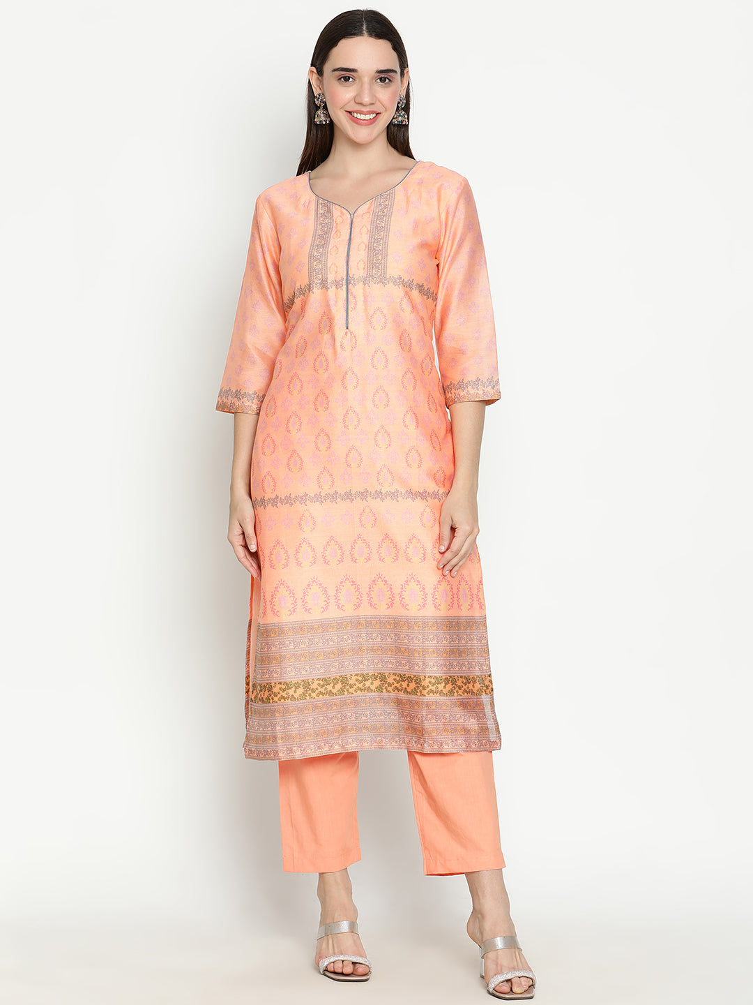 Shingora Peach Floral Printed Sweetheart Neck Stitched Suit Set