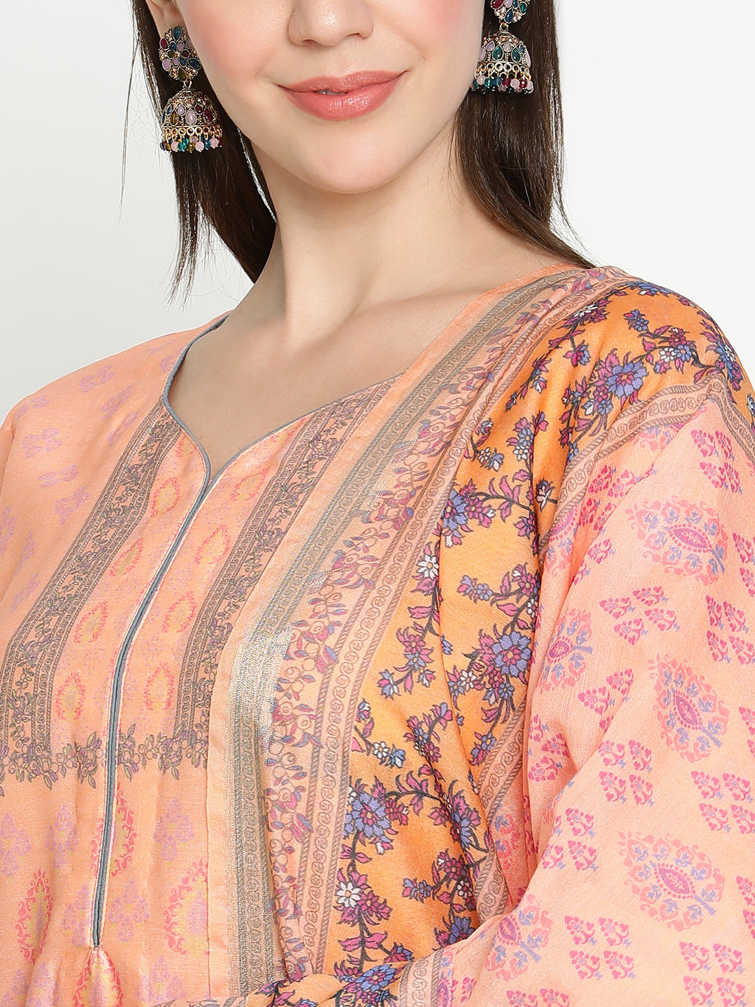 Shingora Peach Floral Printed Sweetheart Neck Stitched Suit Set