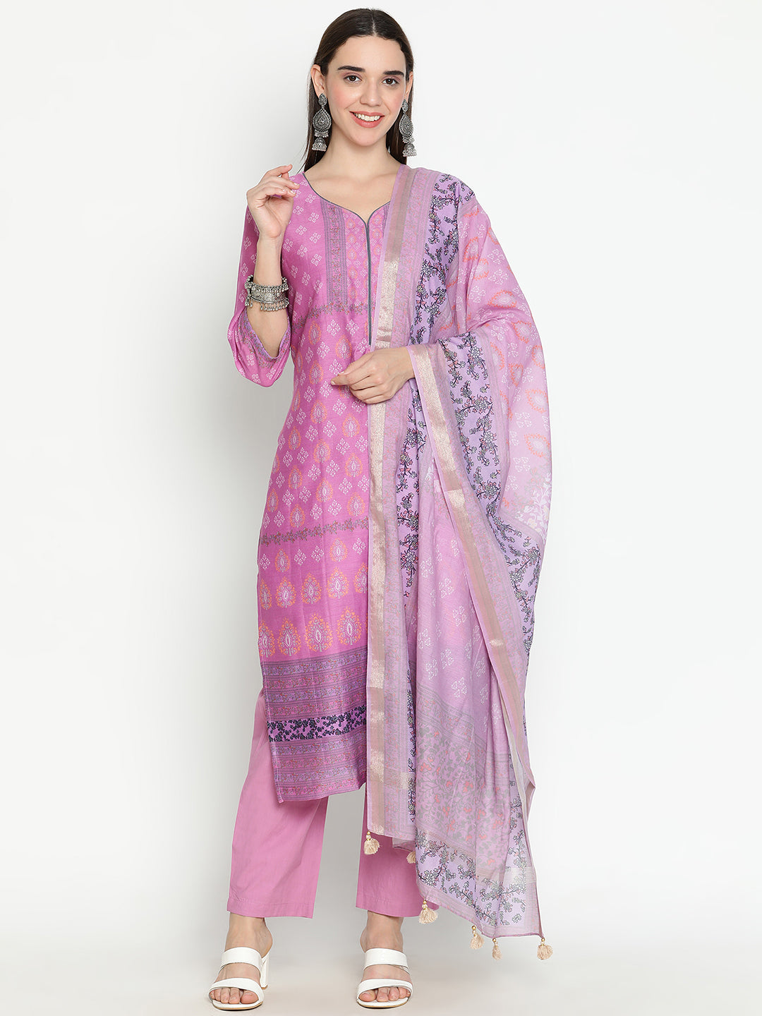 Shingora Mauve Floral Printed Sweetheart Neck Stitched Suit Set