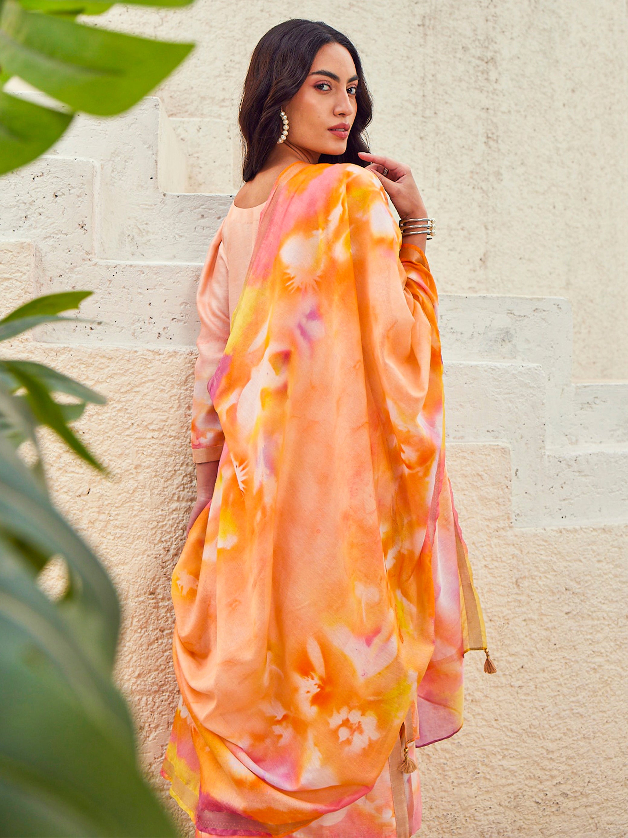Roshni: Roseate Orange Sunflower Printed Silk Unstitched Suit & Dupatta
