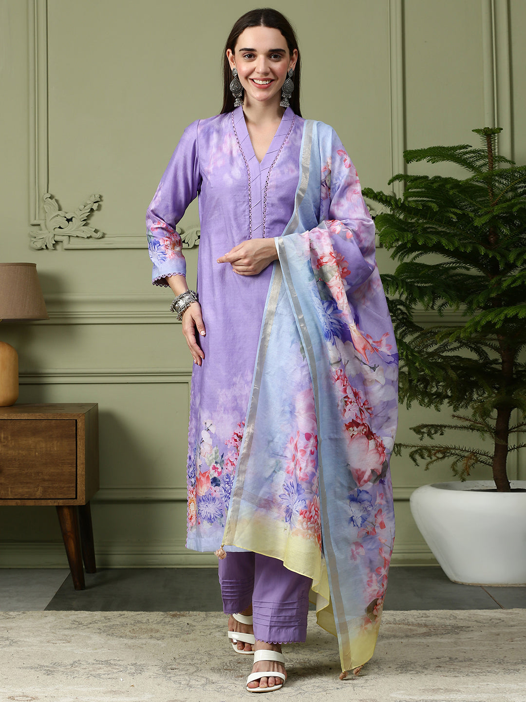 Shingora Purple Floral Printed V Neck Stitched Suit Set
