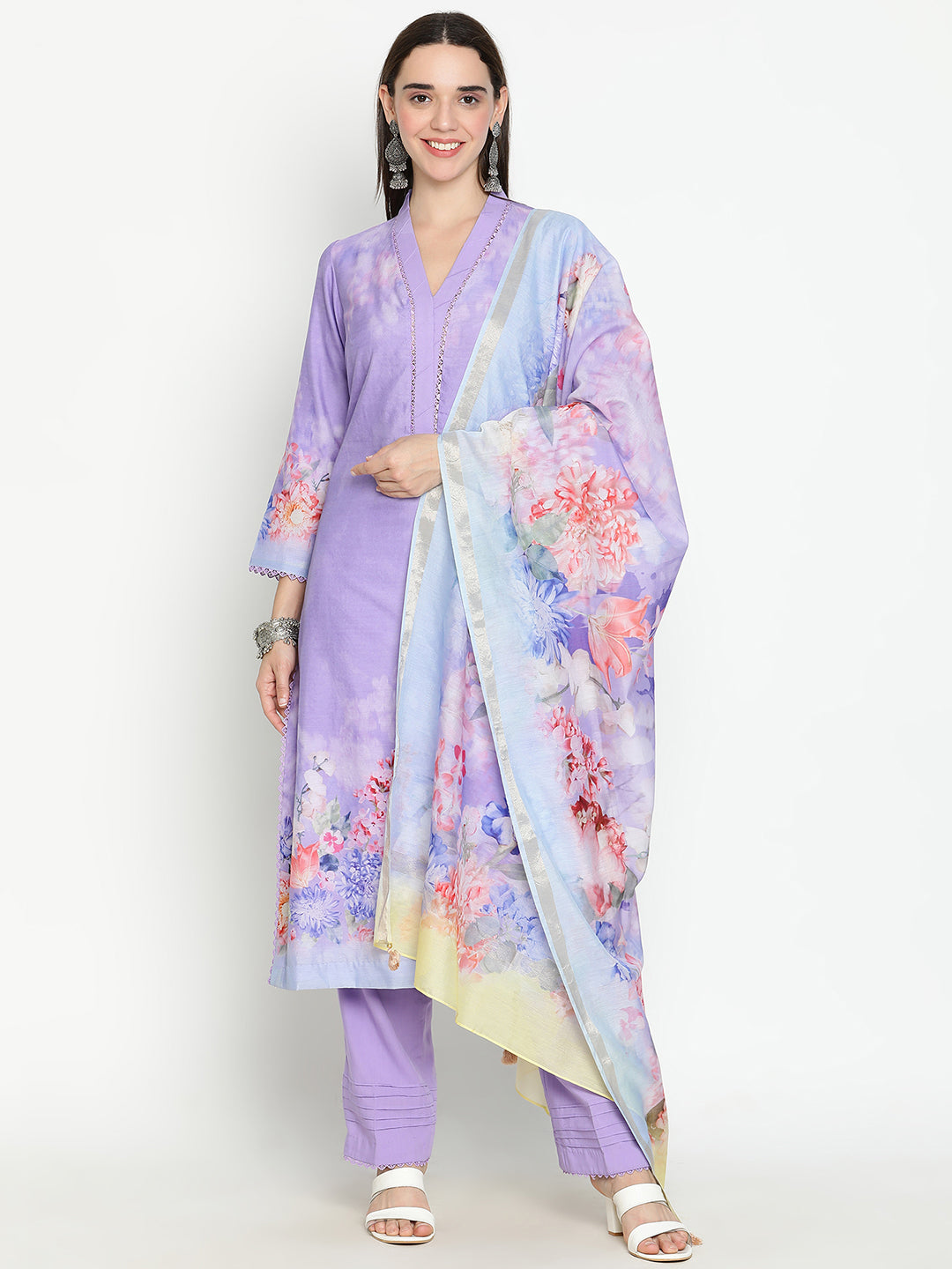 Shingora Purple Floral Printed V Neck Stitched Suit Set