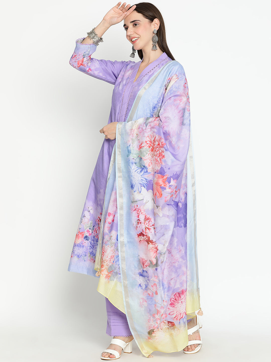 Shingora Purple Floral Printed V Neck Stitched Suit Set
