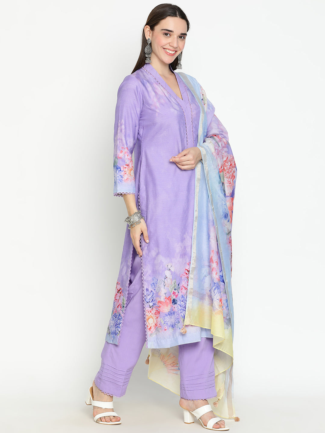 Shingora Purple Floral Printed V Neck Stitched Suit Set
