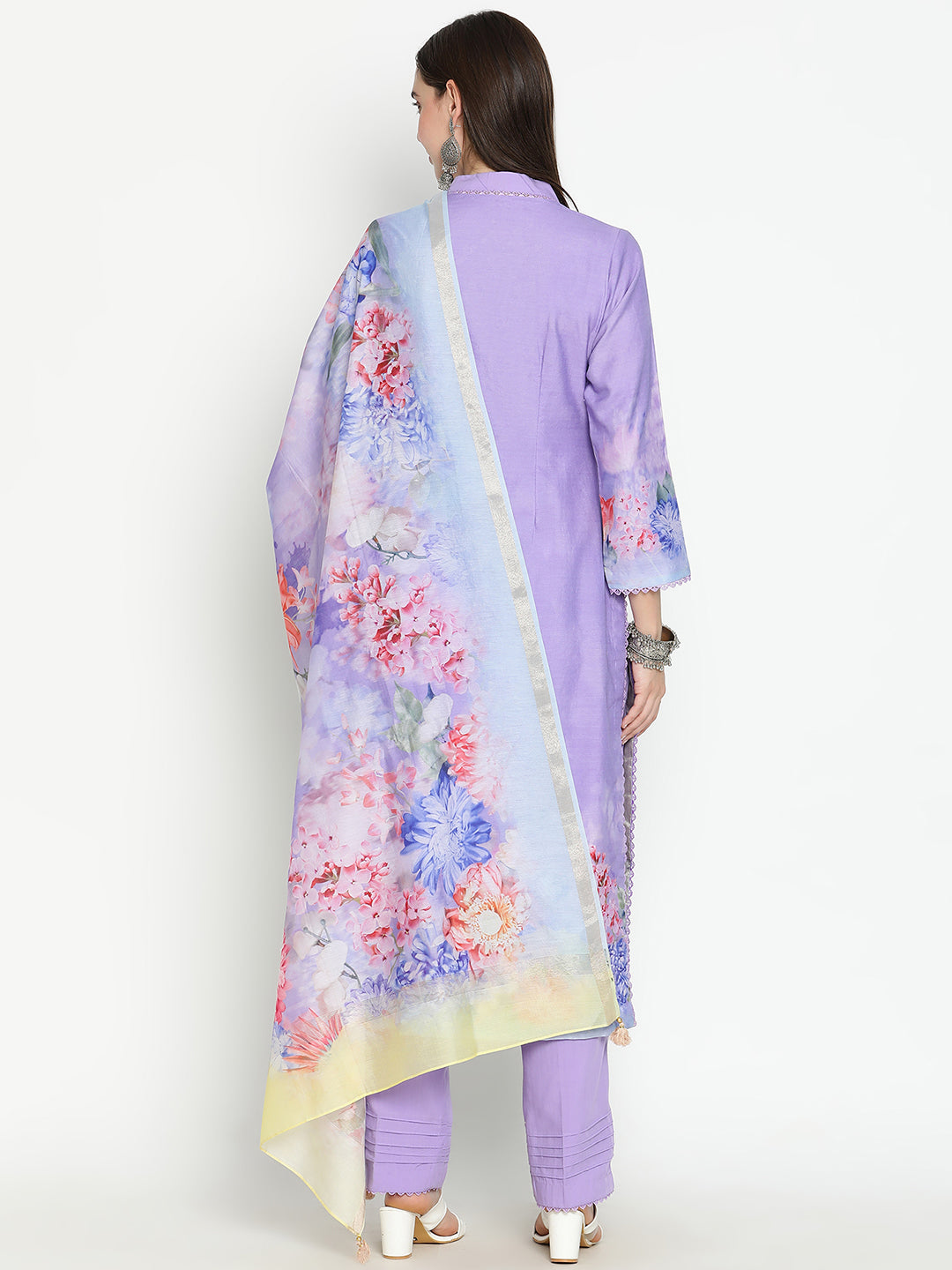 Shingora Purple Floral Printed V Neck Stitched Suit Set