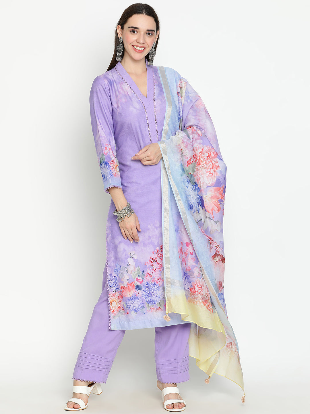 Shingora Purple Floral Printed V Neck Stitched Suit Set