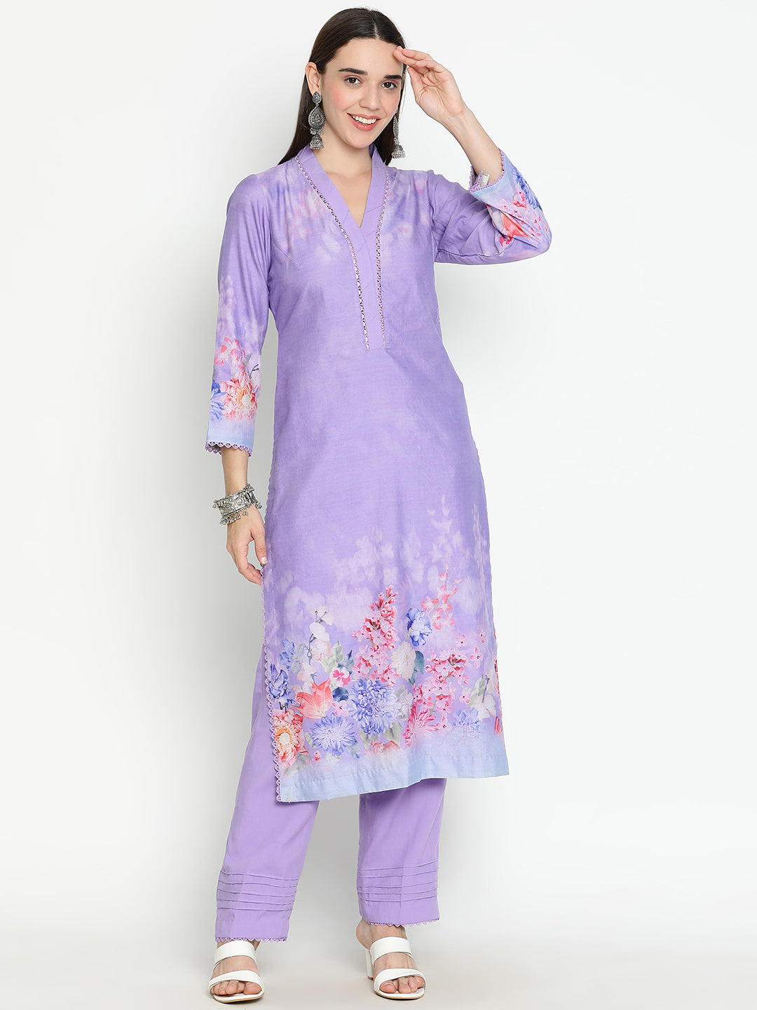 Shingora Purple Floral Printed V Neck Stitched Suit Set