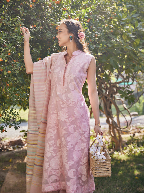 Akaar:Awning Stripes Jacquard Floral Unstitched Suit Set