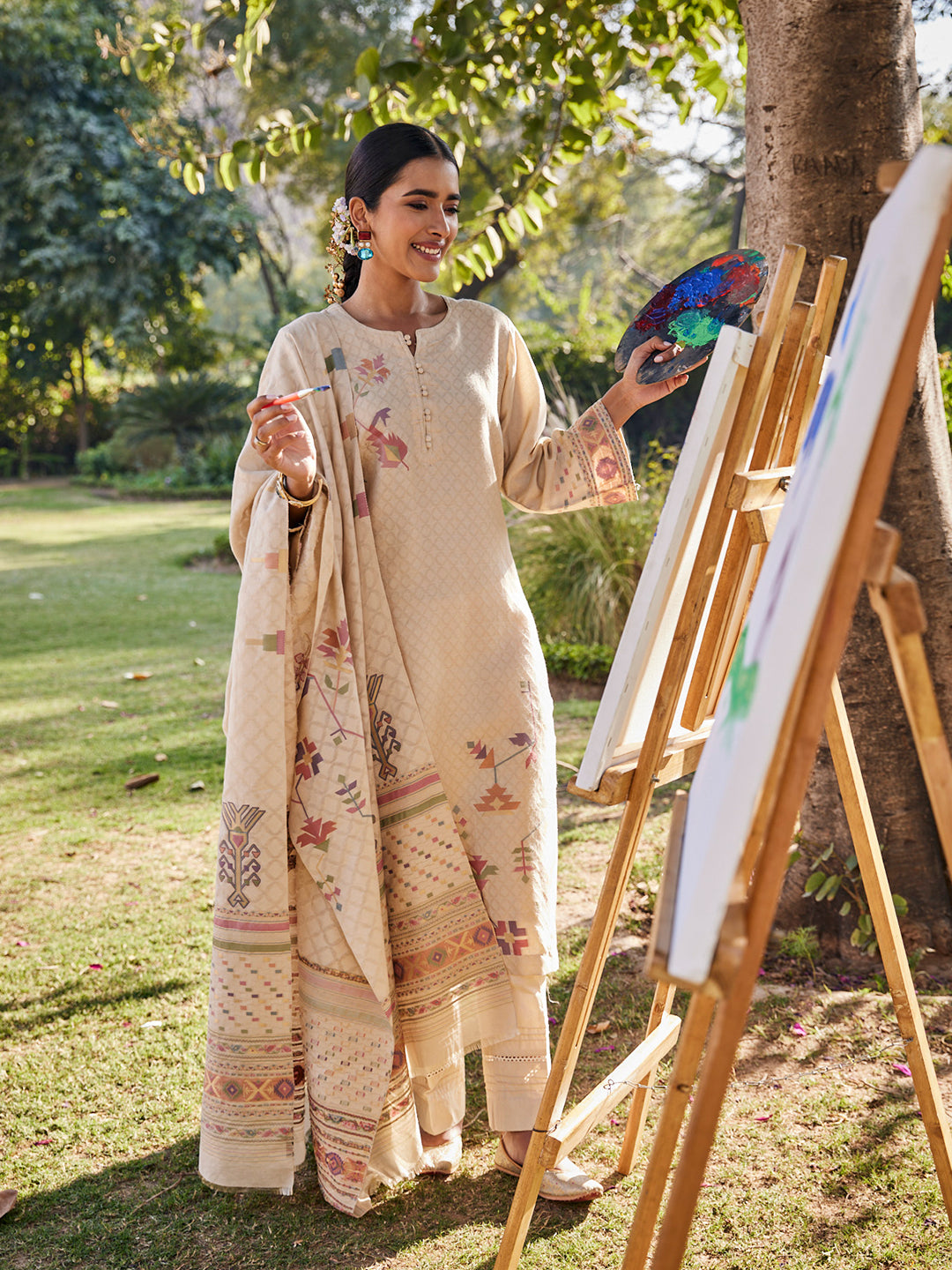 Kashida:Dhakai Jamdani Jacquard Unstitched Suit Set
