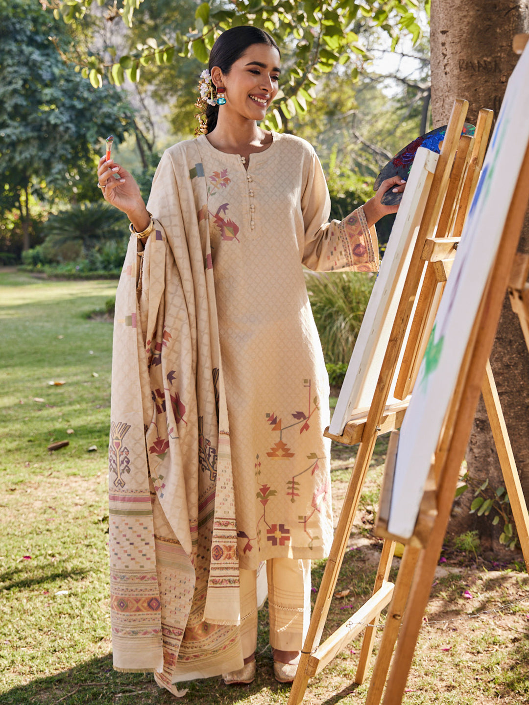 Kashida:Dhakai Jamdani Jacquard Unstitched Suit Set