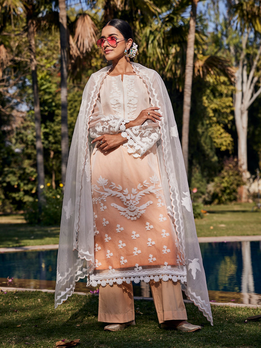 Vani:Guipure Lace Self Woven Design Unstitched Suit Set