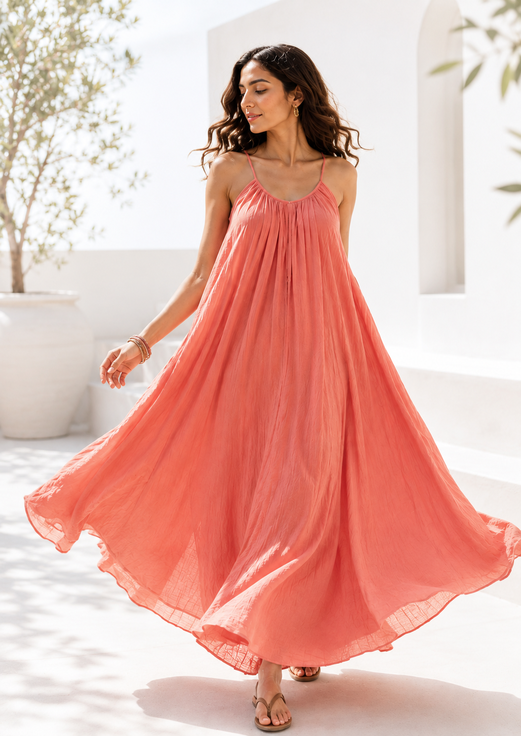 Women’s Coral Pink Flowy Maxi Dress | Sleeveless Summer & Resort Wear