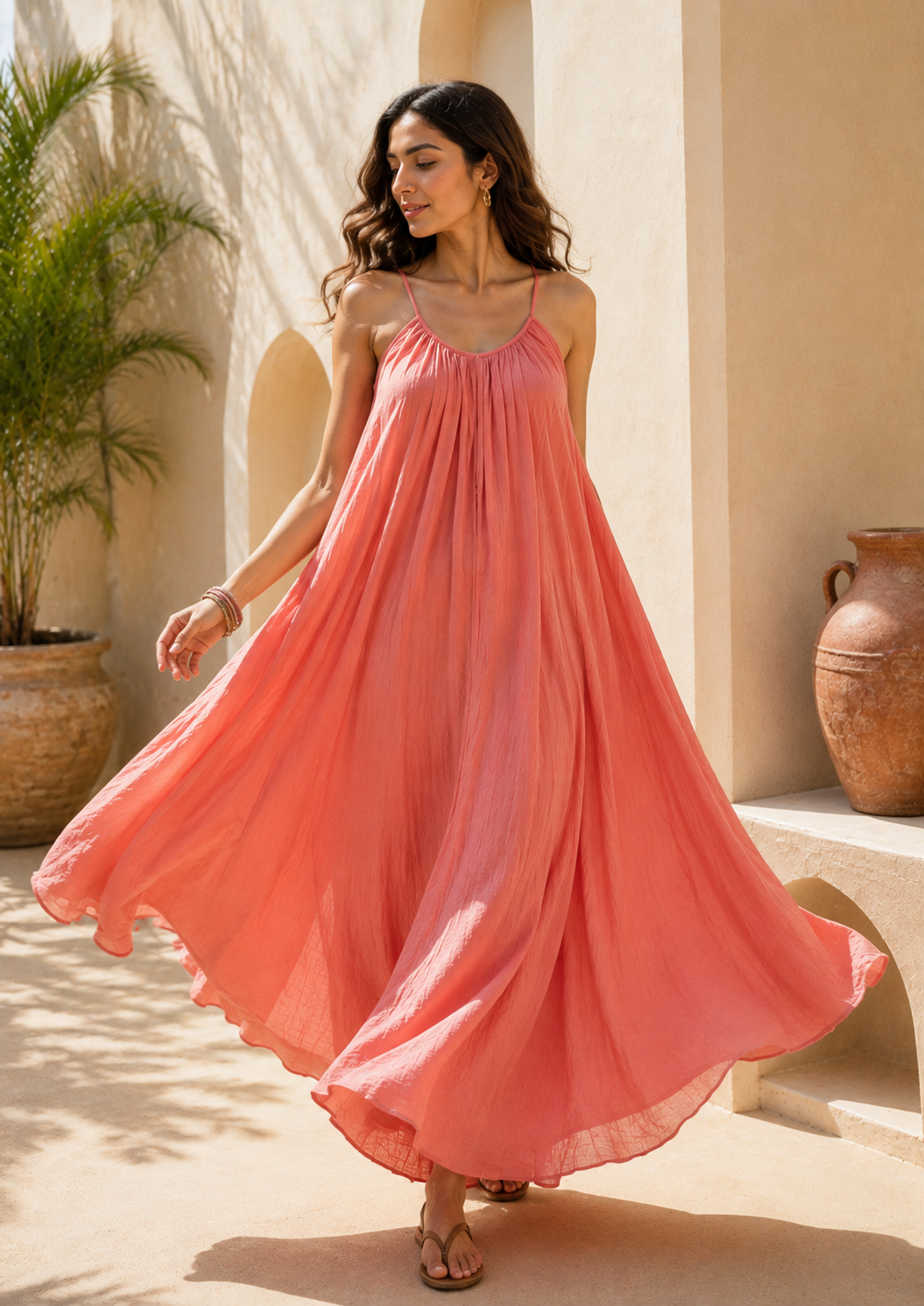 Women’s Coral Pink Flowy Maxi Dress | Sleeveless Summer & Resort Wear