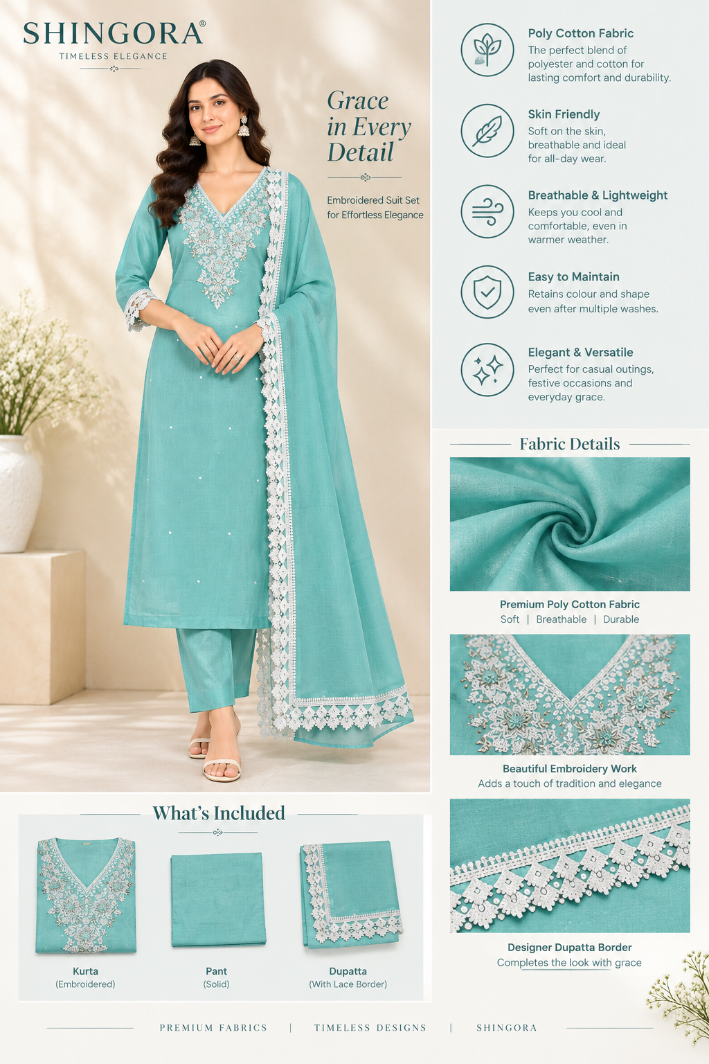 Women’s Festive Wear Unstitched Suit Set with Embroidered Kurta Fabric & Lace Dupatta – Sea Green Poly Cotton 3-Piece Dress Material
