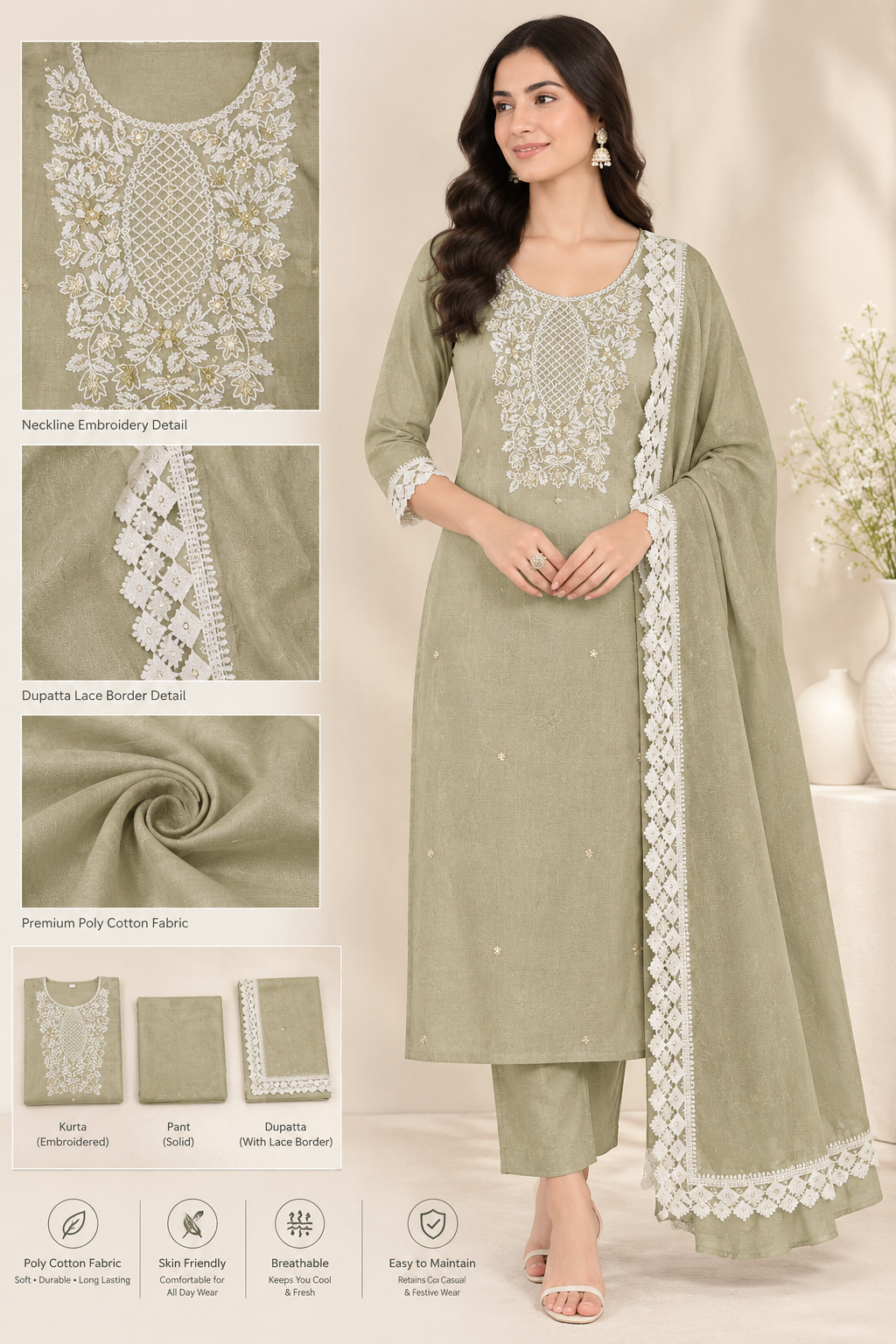 Women’s Festive Wear Unstitched Suit Set with Embroidered Kurta Fabric & Lace Border Dupatta – Olive Green Poly Cotton 3-Piece Dress Material
