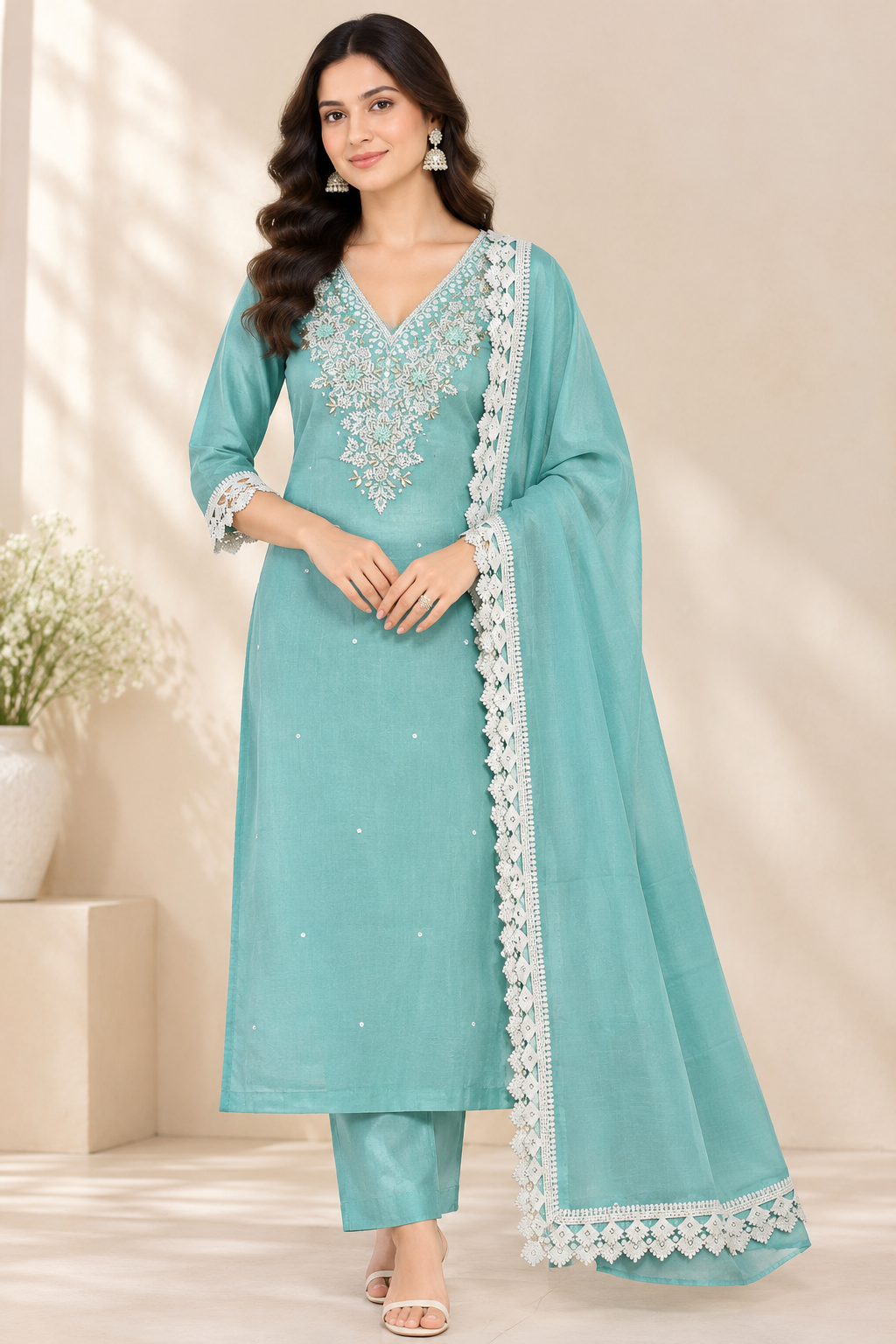 Women’s Festive Wear Unstitched Suit Set with Embroidered Kurta Fabric & Lace Dupatta – Sea Green Poly Cotton 3-Piece Dress Material