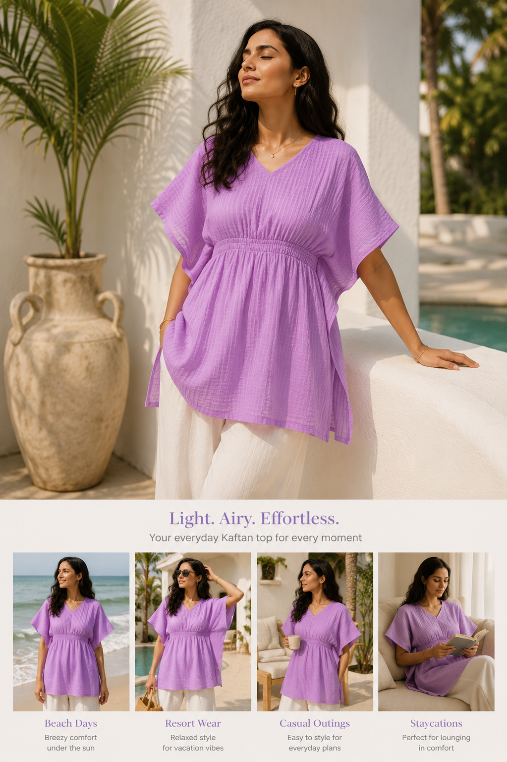 Lavender Purple Textured Kaftan Top with V-Neck & Relaxed Fit