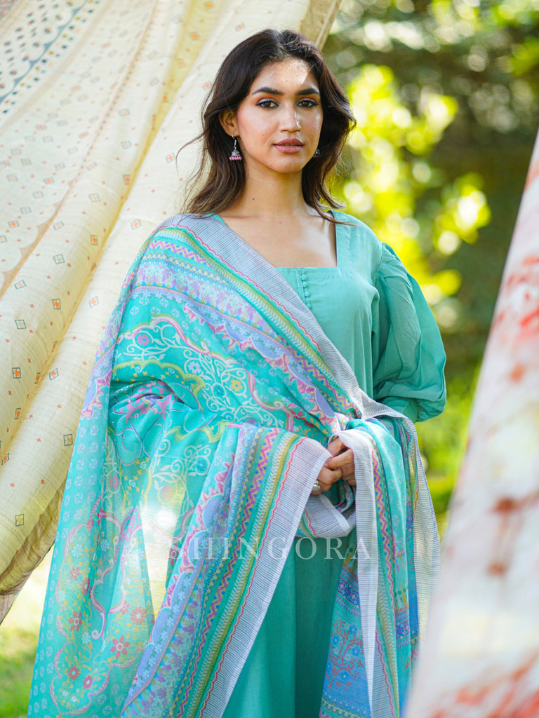 Noor: Sea Green Cotton Metallic Embroidered Unstitched Suit & Dupatta Set